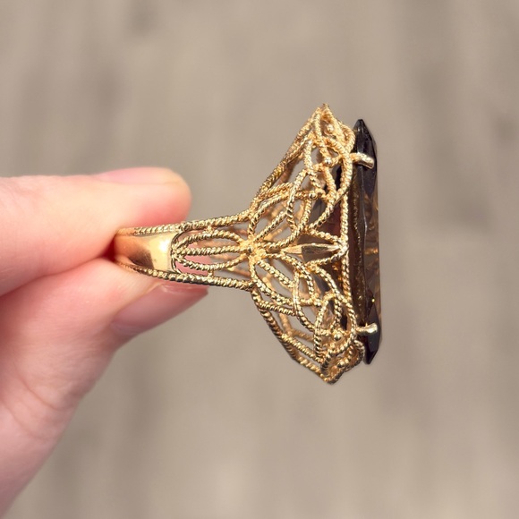 Vintage 10K Filigree Smoky Quartz Ring: Huge Marquis Bold Braided Gold Size 10.5 - Picture 7 of 11